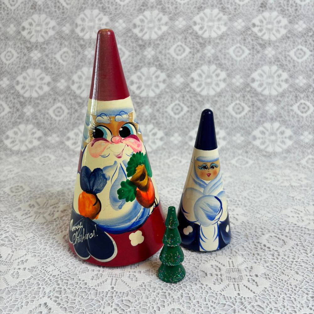Vintage Russian Hand Painted Wooden Santa Nesting Dolls Christmas Decor Set